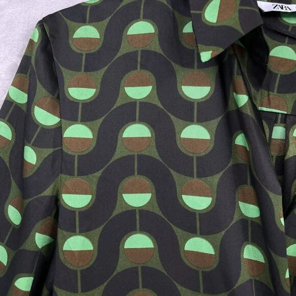 Zara Retro Printed Twill Wrap Shirt Midi Dress Disco Long Sleeve - Picture 3 of 15